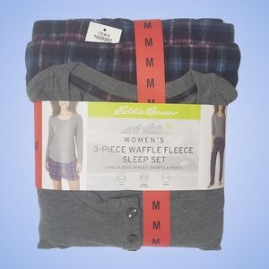 Eddie Bauer Pajama Set Waffle Fleece 3-Piece Plaid Gray Sleepwear Fall Cozy NWT